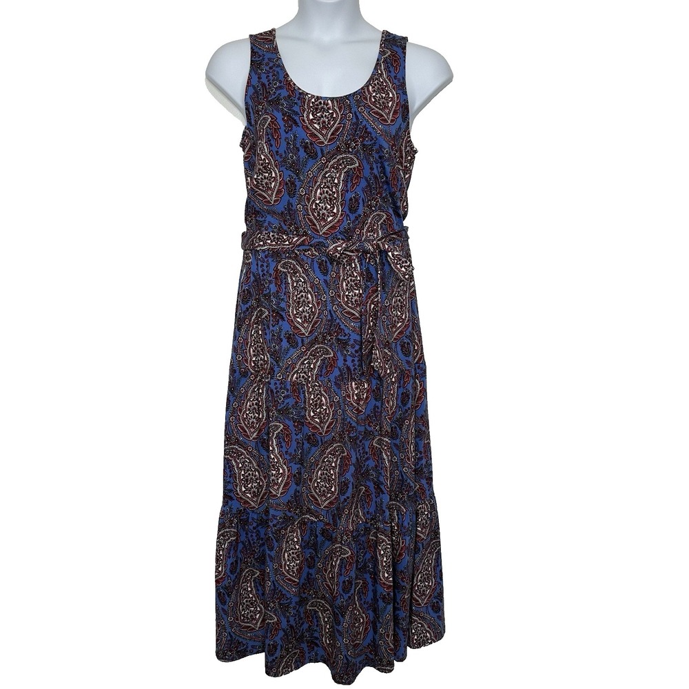 Talbots Sleeveless Maxi Tiered Dress Size L Blue Paisley‎ Floral Cotton